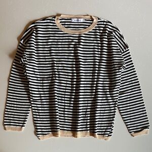 Anrabess Striped Black White and Cream Thin Lightweight Knit Sweater